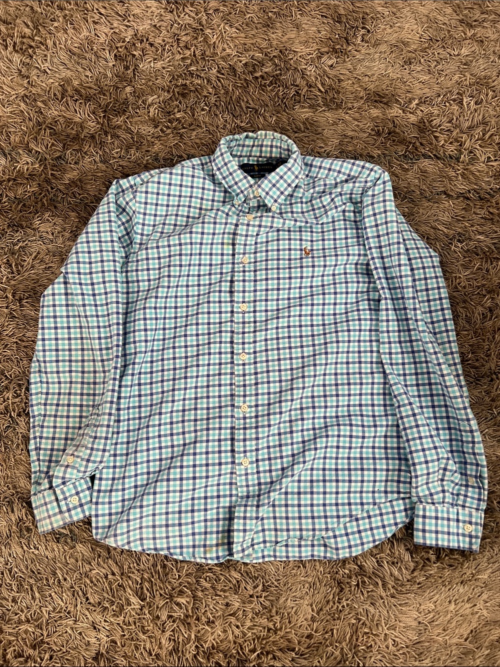 Polo by Ralph Lauren: Light Blue and Green Plaid Button-Down Dress Shirt